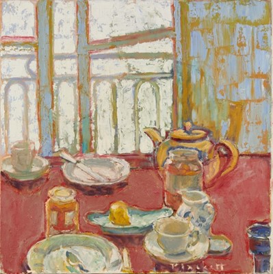 Lot 1106 - Joseph Plaskett (1918-2014) oil on canvas - Still Life, Breakfast, signed, titled verso, 61cm x 60cm, unframed