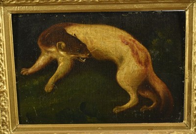 Lot 1040 - Unusual early 19th century oil on canvas laid onto an oak panel, depicting a creature that appears to be half otter and half dog