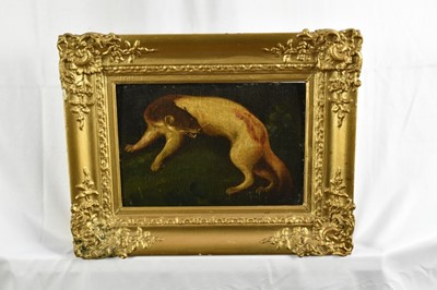 Lot 1040 - Unusual early 19th century oil on canvas laid onto an oak panel, depicting a creature that appears to be half otter and half dog