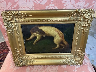 Lot 1040 - Unusual early 19th century oil on canvas laid onto an oak panel, depicting a creature that appears to be half otter and half dog