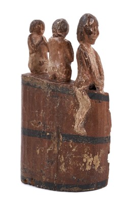Lot 744 - Antique carved and painted wooden fragment depicting three figures praying