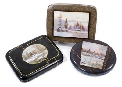 Lot 775 - Three Russian hand decorated papier mâché boxes
