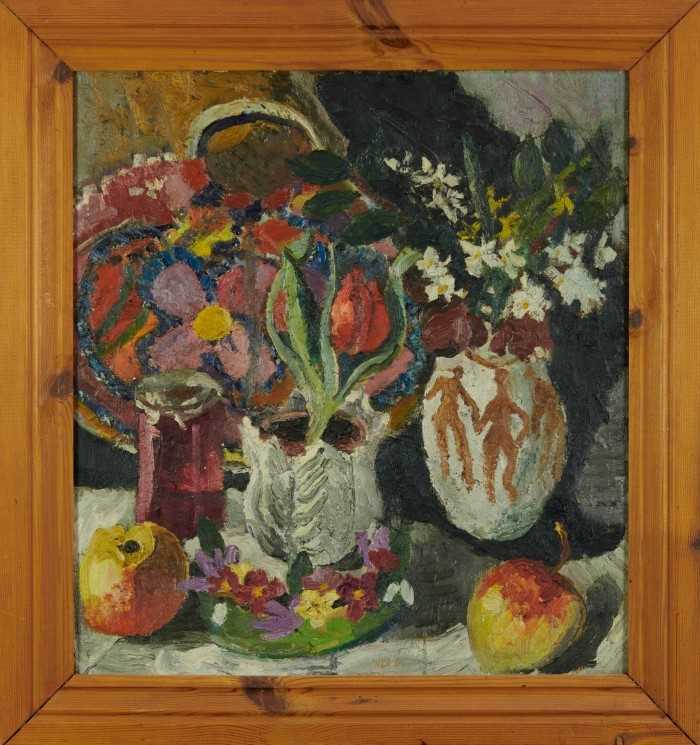 Lot 1112 - *Lucy Harwood (1893-1972), oil on canvas - Still Life, Flowers and Fruit, signed verso, 61cm x 46cm, framed