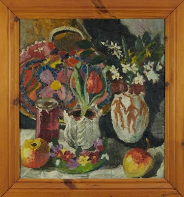 Lot 1112 - *Lucy Harwood (1893-1972), oil on canvas - Still Life, Flowers and Fruit, signed verso, 61cm x 46cm, framed