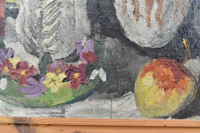 Lot 1112 - *Lucy Harwood (1893-1972), oil on canvas - Still Life, Flowers and Fruit, signed verso, 61cm x 46cm, framed