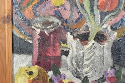Lot 1112 - *Lucy Harwood (1893-1972), oil on canvas - Still Life, Flowers and Fruit, signed verso, 61cm x 46cm, framed