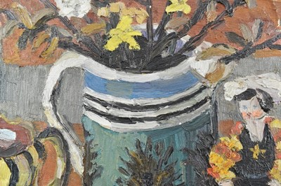 Lot 1113 - *Lucy Harwood (1893-1972) oil on canvas - Still Life, Winter Blossoms in an old Stein, signed verso, 61cm x 51cm, framed