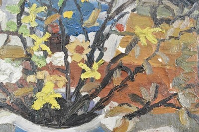 Lot 1113 - *Lucy Harwood (1893-1972) oil on canvas - Still Life, Winter Blossoms in an old Stein, signed verso, 61cm x 51cm, framed