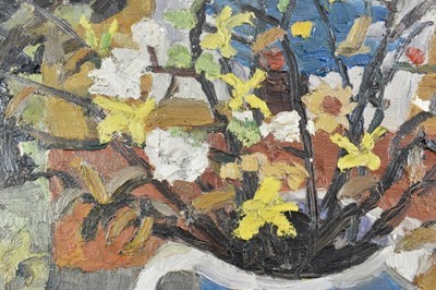 Lot 1113 - *Lucy Harwood (1893-1972) oil on canvas - Still Life, Winter Blossoms in an old Stein, signed verso, 61cm x 51cm, framed