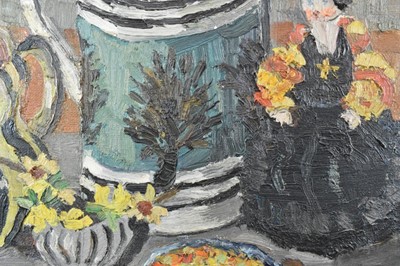 Lot 1113 - *Lucy Harwood (1893-1972) oil on canvas - Still Life, Winter Blossoms in an old Stein, signed verso, 61cm x 51cm, framed