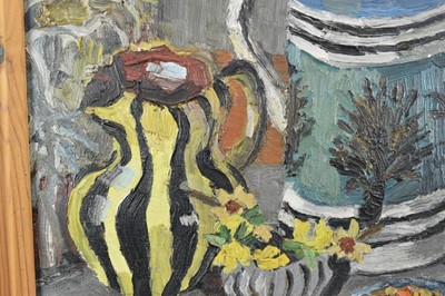Lot 1113 - *Lucy Harwood (1893-1972) oil on canvas - Still Life, Winter Blossoms in an old Stein, signed verso, 61cm x 51cm, framed