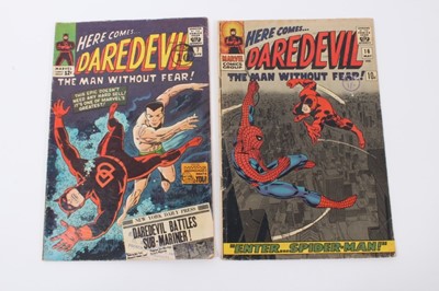 Lot 29 - Daredevil #7 (1965) First appearance of red suit daredevil, priced 12 cents. Together with Daredevil #16 (1966) Spider-Man vs Daredevil (1st John Romita Spider-Man art), priced 10d (2)