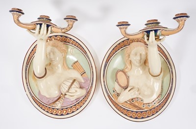 Lot 80 - A rare pair of majolica wall sconces, probably Minton
