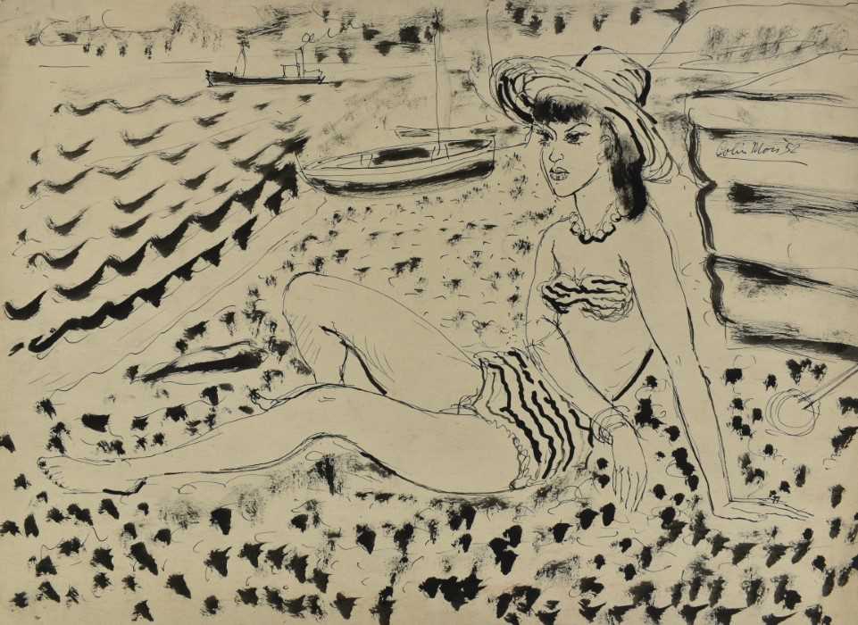 Lot 1165 - *Colin Moss (1914-2005) two mixed media works on paper - Woman on the beach, 38cm x 52cm, signed and dated '52, together with Woman ironing, signed, 21cm x 15cm, both unframed
