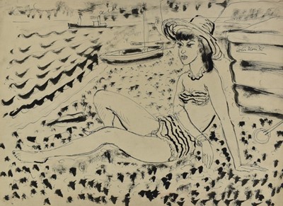 Lot 1165 - *Colin Moss (1914-2005) two mixed media works on paper - Woman on the beach, 38cm x 52cm, signed and dated '52, together with Woman ironing, signed, 21cm x 15cm, both unframed