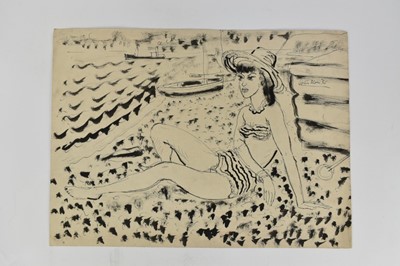 Lot 1165 - *Colin Moss (1914-2005) two mixed media works on paper - Woman on the beach, 38cm x 52cm, signed and dated '52, together with Woman ironing, signed, 21cm x 15cm, both unframed