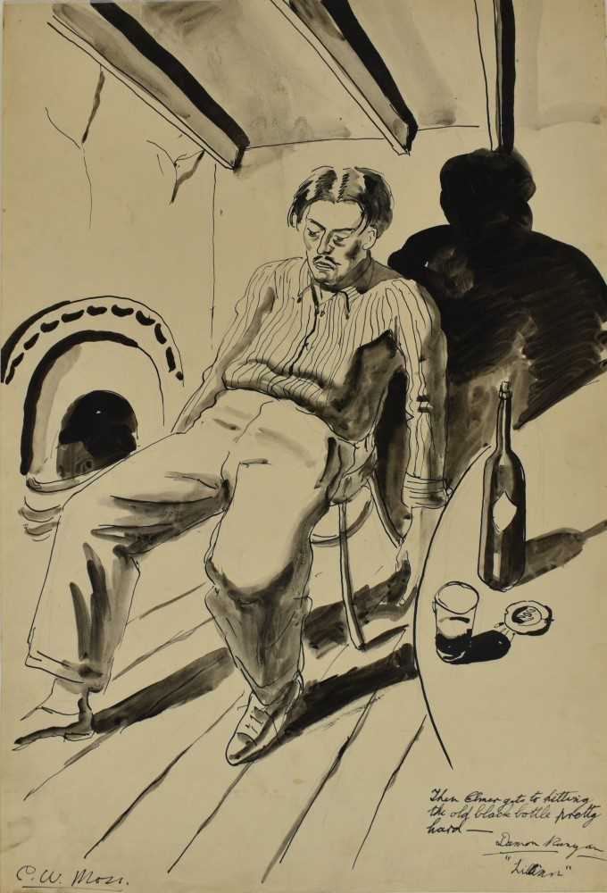 Lot 1166 - *Colin Moss (1914-2005) monochrome watercolour - 'Then Elmer gets to hitting the old black bottle pretty hard,' signed C.W. Moss, 56cm x 38cm unframed