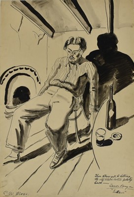 Lot 1166 - *Colin Moss (1914-2005) monochrome watercolour - 'Then Elmer gets to hitting the old black bottle pretty hard,' signed C.W. Moss, 56cm x 38cm unframed