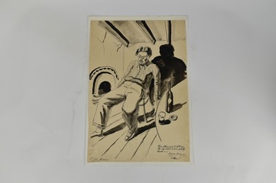 Lot 1166 - *Colin Moss (1914-2005) monochrome watercolour - 'Then Elmer gets to hitting the old black bottle pretty hard,' signed C.W. Moss, 56cm x 38cm unframed