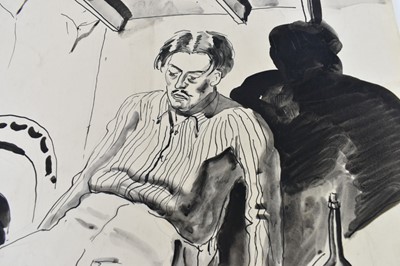 Lot 1166 - *Colin Moss (1914-2005) monochrome watercolour - 'Then Elmer gets to hitting the old black bottle pretty hard,' signed C.W. Moss, 56cm x 38cm unframed