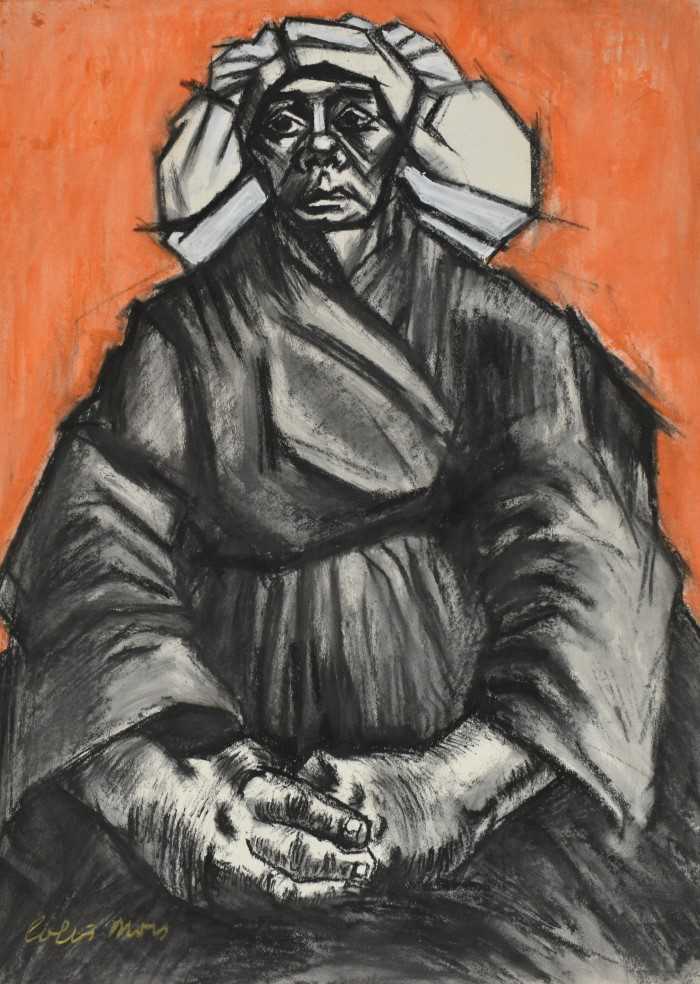 Lot 1167 - *Colin Moss (1914-2005) mixed media on paper - After Van Gogh, sitter with orange background, signed and inscribed, 76cm x 56cm, unframed