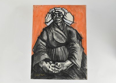 Lot 1167 - *Colin Moss (1914-2005) mixed media on paper - After Van Gogh, sitter with orange background, signed and inscribed, 76cm x 56cm, unframed