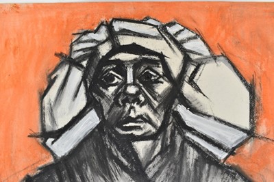Lot 1167 - *Colin Moss (1914-2005) mixed media on paper - After Van Gogh, sitter with orange background, signed and inscribed, 76cm x 56cm, unframed