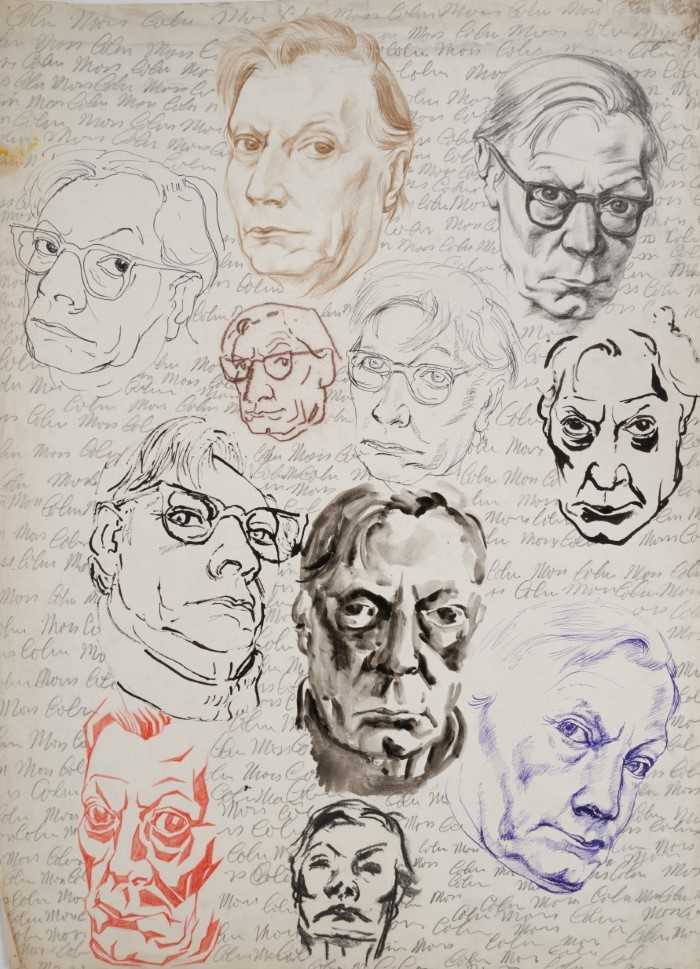 Lot 1168 - *Colin Moss (1914-2005) mixed media on paper - Self-Portrait studies of the artist with signatures, 77cm x 56cm, unframed