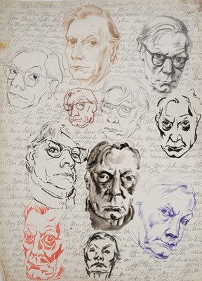 Lot 1168 - *Colin Moss (1914-2005) mixed media on paper - Self-Portrait studies of the artist with signatures, 77cm x 56cm, unframed