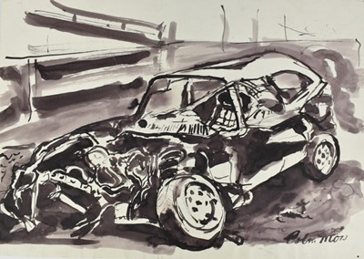 Lot 962 - *Colin Moss (1914-2005) monochrome watercolour - Wrecked car, signed, 42cm x 59cm, unframed