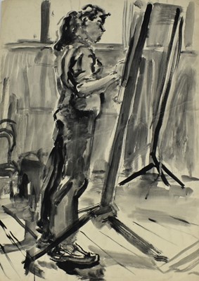Lot 1171 - *Colin Moss (1914-2005) monochrome watercolour - Woman painting at her easel, unsigned, 76cm x 56cm unframed