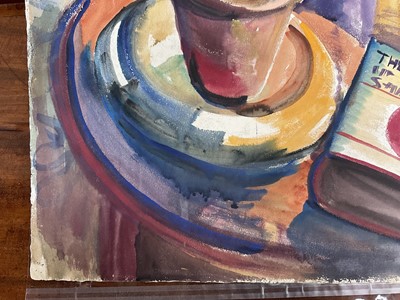 Lot 1172 - *Colin Moss (1914-2005) watercolour - Still life with book and pot plant, signed and dated '52, 78cm x 56cm, unframed