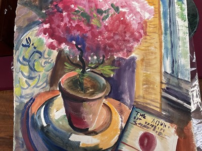Lot 1172 - *Colin Moss (1914-2005) watercolour - Still life with book and pot plant, signed and dated '52, 78cm x 56cm, unframed