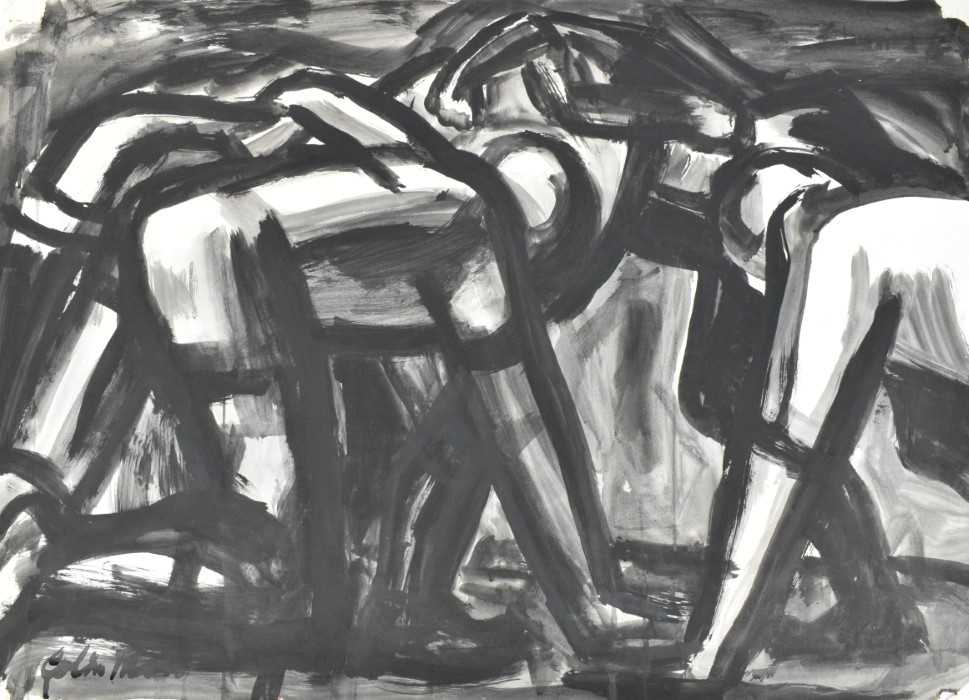 Lot 1176 - *Colin Moss (1914-2005) monochrome watercolour - Rugby scrum, signed, with charcoal nude study verso, also signed, 59.5cm x 84cm, unframed
