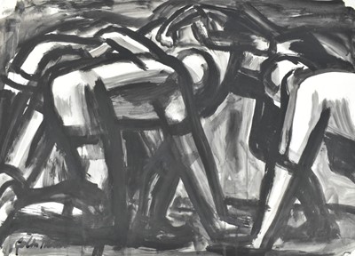 Lot 1176 - *Colin Moss (1914-2005) monochrome watercolour - Rugby scrum, signed, with charcoal nude study verso, also signed, 59.5cm x 84cm, unframed