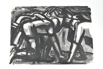 Lot 1176 - *Colin Moss (1914-2005) monochrome watercolour - Rugby scrum, signed, with charcoal nude study verso, also signed, 59.5cm x 84cm, unframed