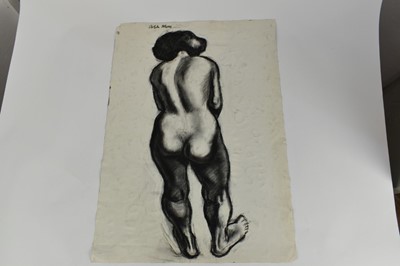 Lot 1176 - *Colin Moss (1914-2005) monochrome watercolour - Rugby scrum, signed, with charcoal nude study verso, also signed, 59.5cm x 84cm, unframed