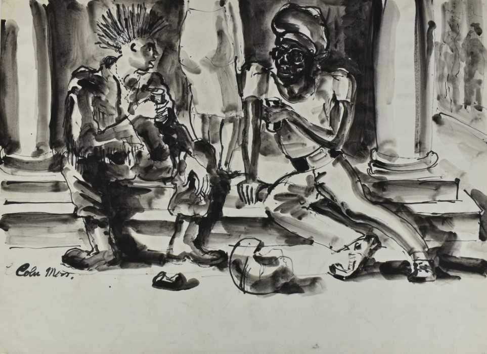 Lot 1179 - *Colin Moss (1914-2005) monochrome watercolour - Two men in conversation on town steps, signed, 51cm x 70cm, unframed