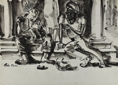 Lot 1179 - *Colin Moss (1914-2005) monochrome watercolour - Two men in conversation on town steps, signed, 51cm x 70cm, unframed