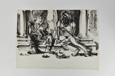 Lot 1179 - *Colin Moss (1914-2005) monochrome watercolour - Two men in conversation on town steps, signed, 51cm x 70cm, unframed