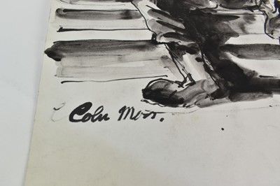 Lot 1179 - *Colin Moss (1914-2005) monochrome watercolour - Two men in conversation on town steps, signed, 51cm x 70cm, unframed