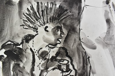 Lot 1179 - *Colin Moss (1914-2005) monochrome watercolour - Two men in conversation on town steps, signed, 51cm x 70cm, unframed