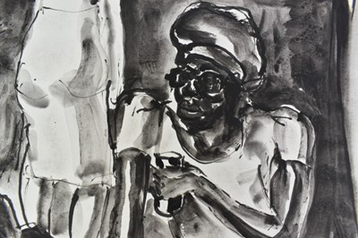Lot 1179 - *Colin Moss (1914-2005) monochrome watercolour - Two men in conversation on town steps, signed, 51cm x 70cm, unframed