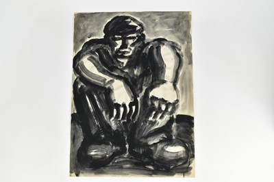 Lot 1180 - *Colin Moss (1914-2005) monochrome watercolour on paper - Seated Workman, studio stamp verso, 76.5cm x 56cm, unframed