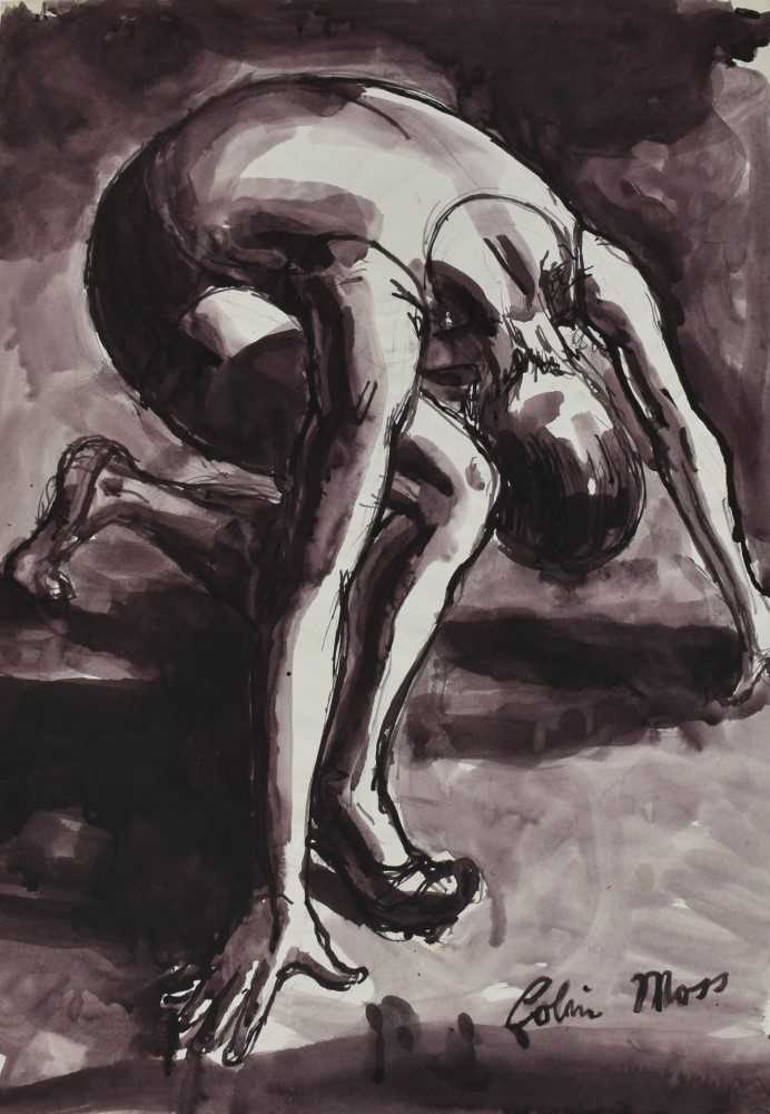 Lot 1181 - *Colin Moss (1914-2005) ink on paper - Runner preparing to race, signed, 70cm x 51cm, unframed