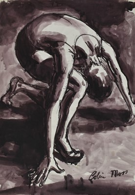 Lot 1181 - *Colin Moss (1914-2005) ink on paper - Runner preparing to race, signed, 70cm x 51cm, unframed