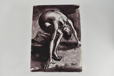 Lot 1181 - *Colin Moss (1914-2005) ink on paper - Runner preparing to race, signed, 70cm x 51cm, unframed
