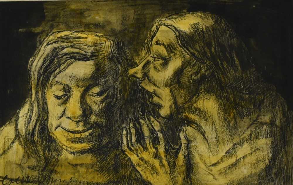 Lot 1182 - *Colin Moss (1914-2005) mixed media - The Gossips, signed and dated '50, titled verso, 21cm x 33cm, unframed