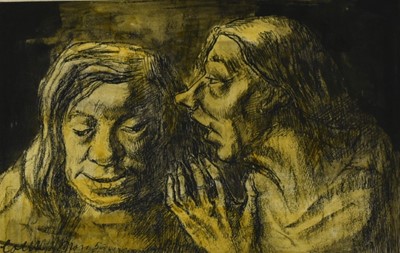 Lot 1182 - *Colin Moss (1914-2005) mixed media - The Gossips, signed and dated '50, titled verso, 21cm x 33cm, unframed