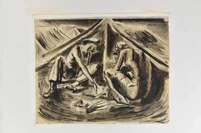 Lot 1163 - *Colin Moss (1914-2005) pen and watercolour  - Two men at camp, signed and dated ‘46, 40.5cm x 50.5cm, together with four other works by the same hand